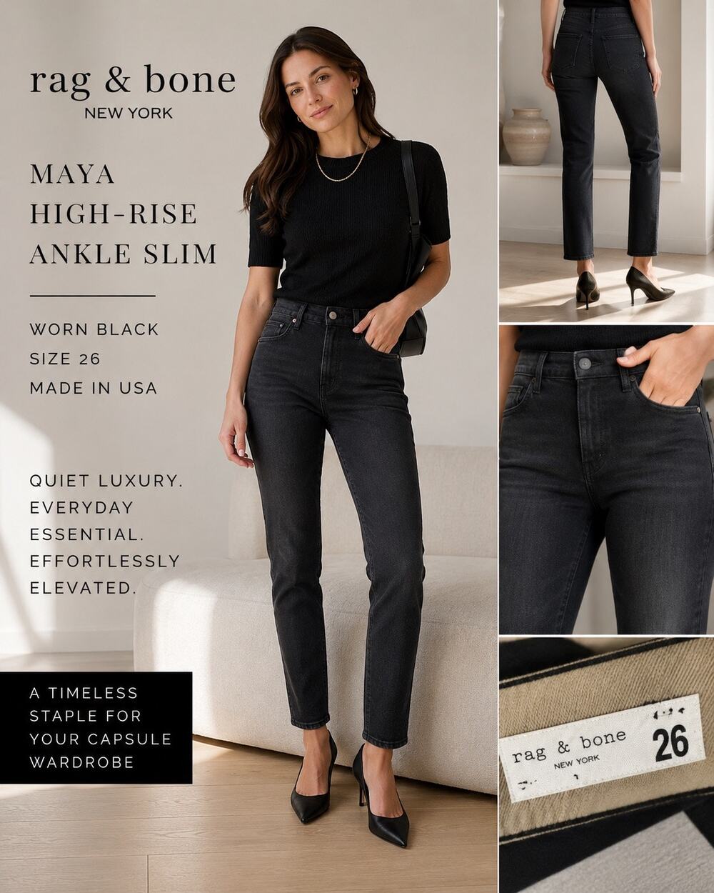 Rag & Bone Maya High-Rise Ankle Slim Jeans 26 Worn Black Made USA Premium Denim